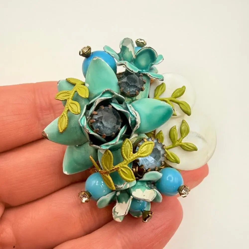 Vintage Enamel Flower Cluster Brooch Turquoise Blue Rhinestone MOP Pin